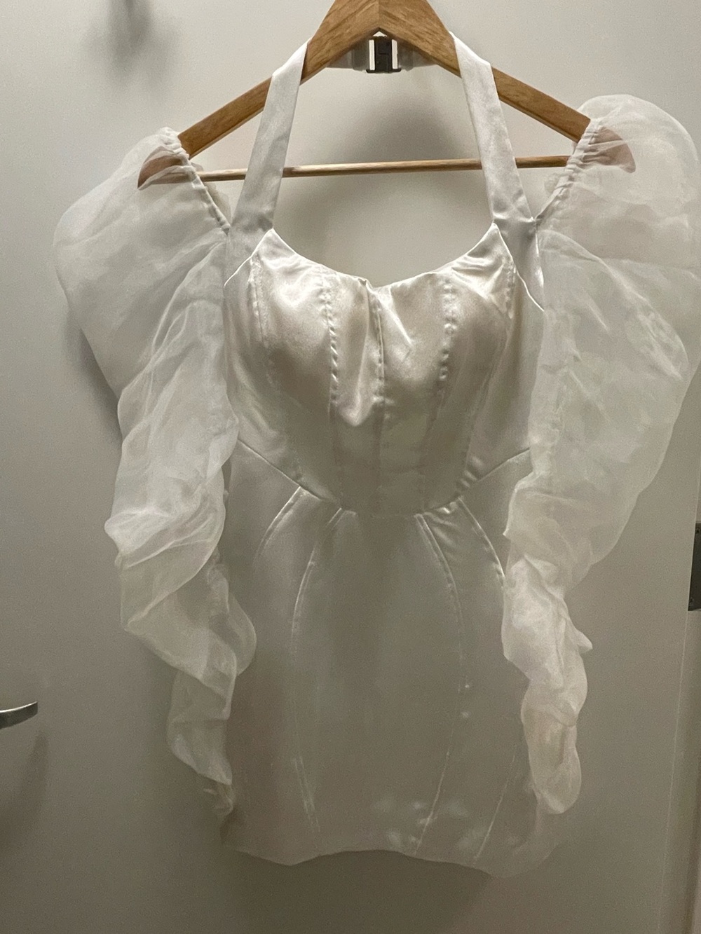 White Puff Sleeve Halter Satin Dress